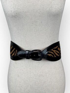 White House Black Market Black Patent Belt with Brown Zebra Panels